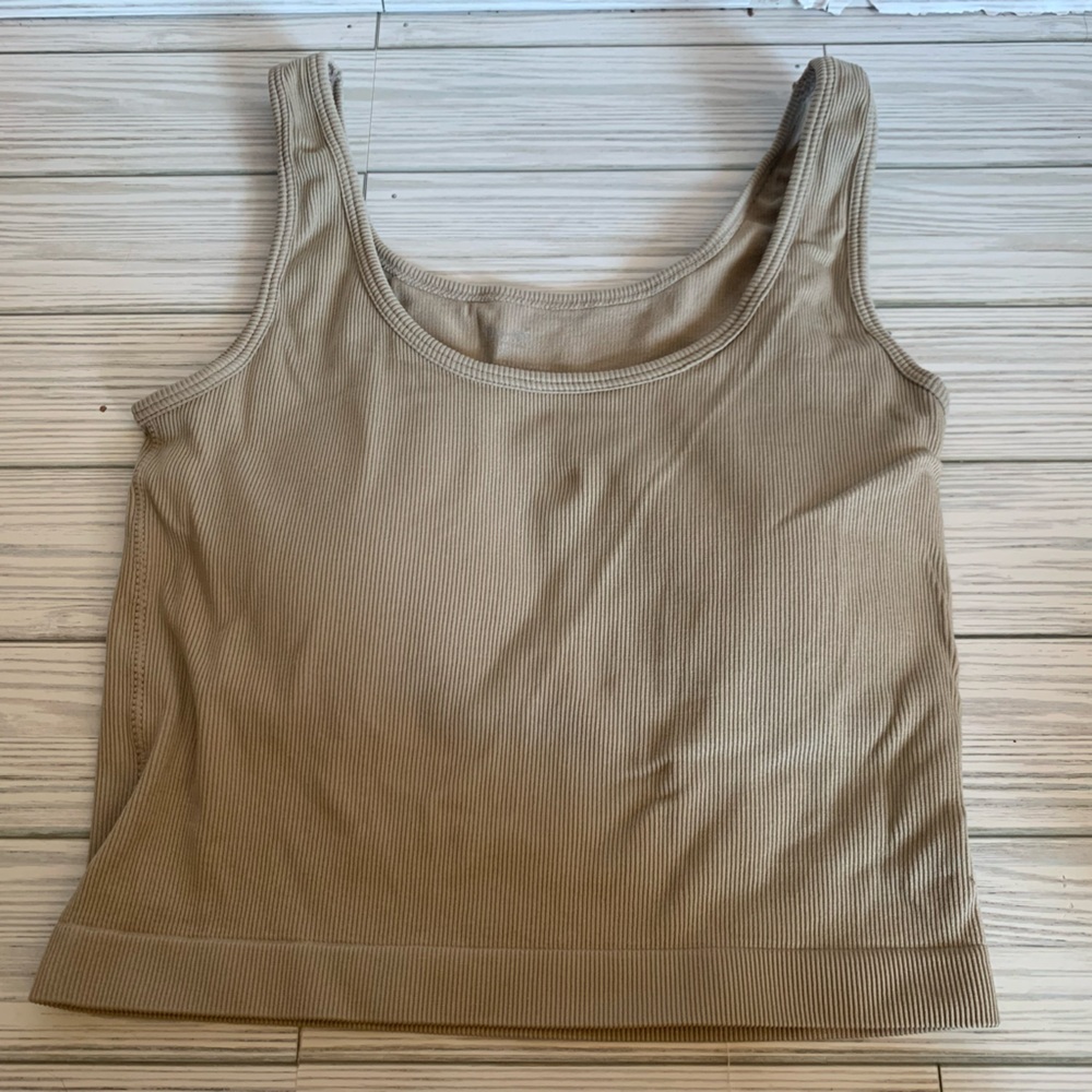 Pro fit Beige Ribbed Scoop Neck Crop Tank Top